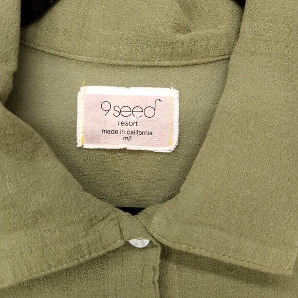 9Seed Long Shirt Dress Maxi Button Up Semi Sheer Medium Green Collard Made USA - Picture 5 of 14
